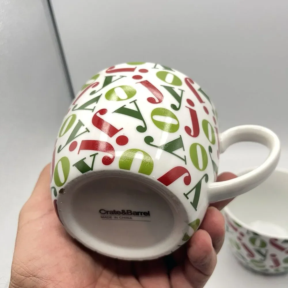 Pair Vintage Crate & Barrel 16oz JOY Mugs Holiday Christmas Red/Green Porcelain